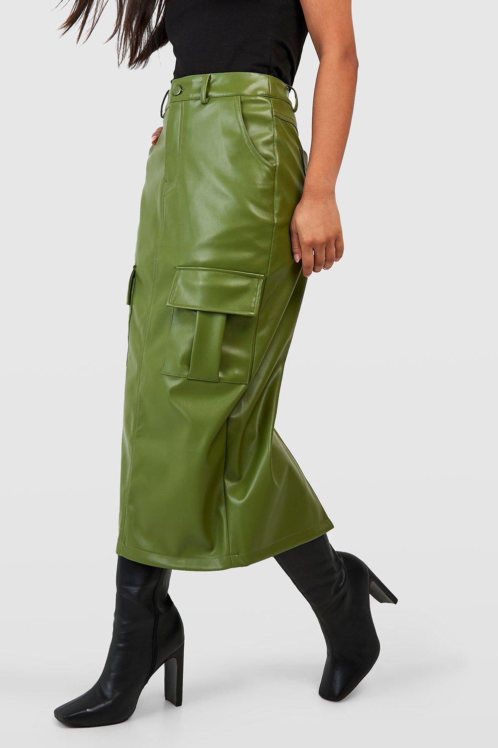 Petite Faux Leather Cargo Midi Skirt