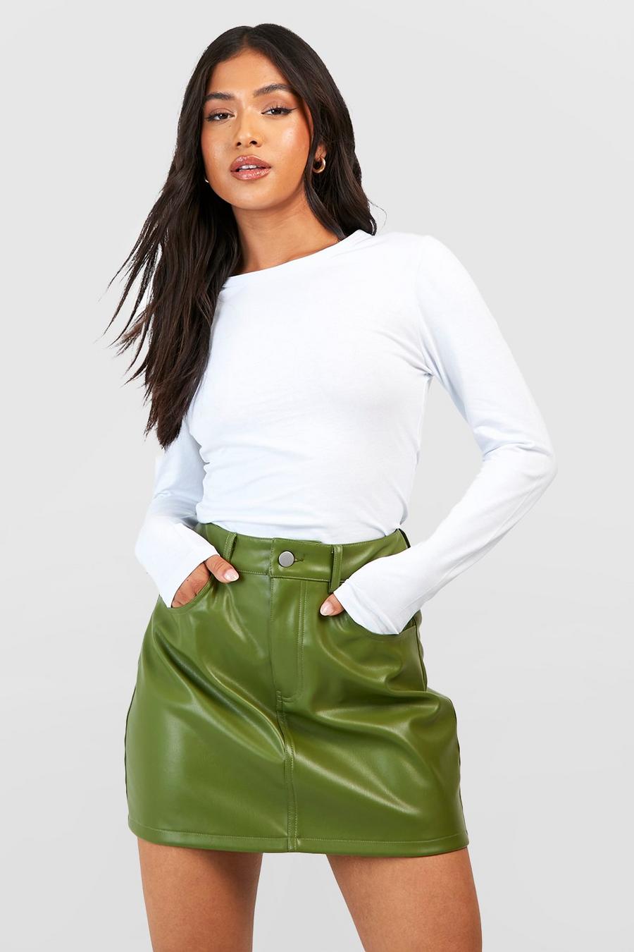 Khaki Petite Leather Look High Waisted Mini Skirt