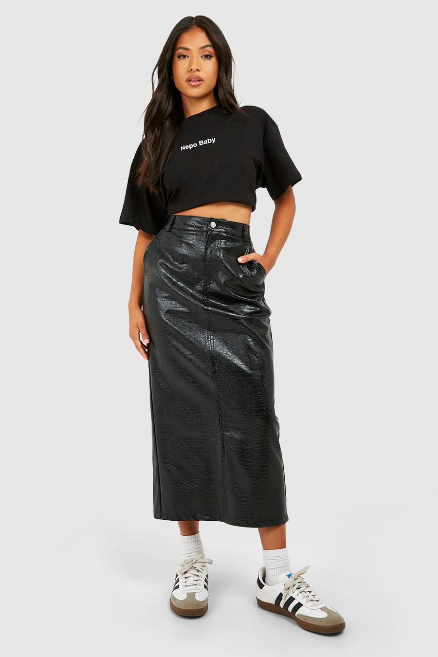Black Petite Croc Faux Leather Split Midi Skirt image number 1