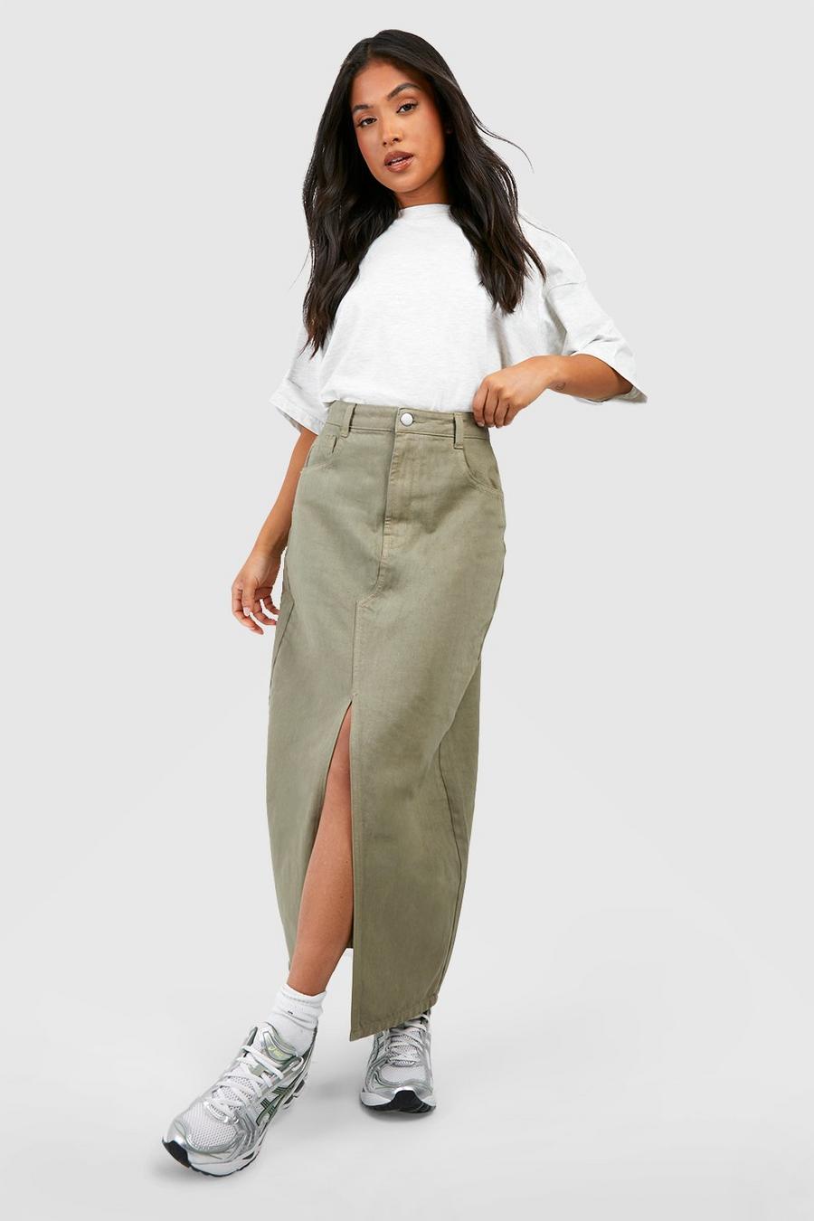 Olive Petite Split Front Denim Maxi Skirt