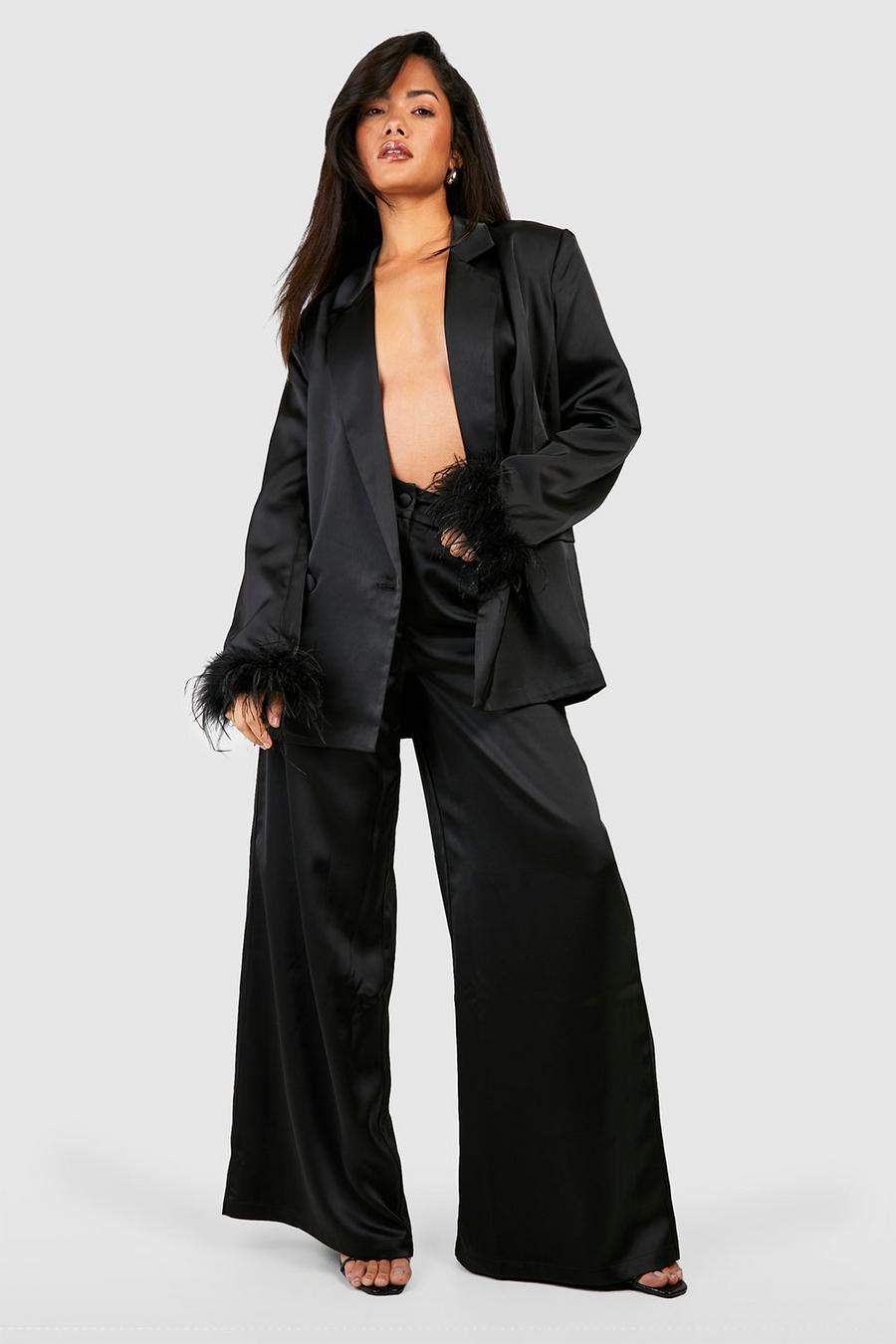Black Matte Satin Wide Leg Tailored Trousers image number 1