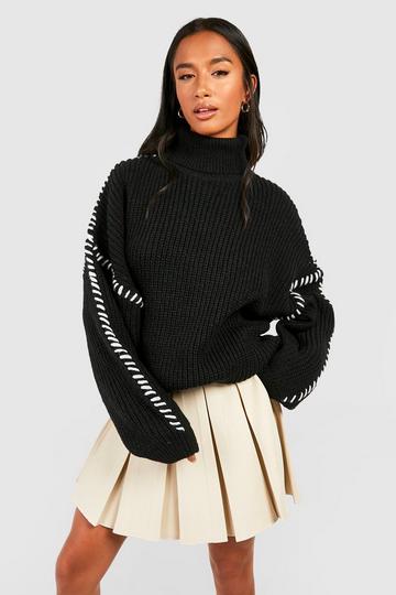 Black Petite Contrast Stitch Detail Sweater