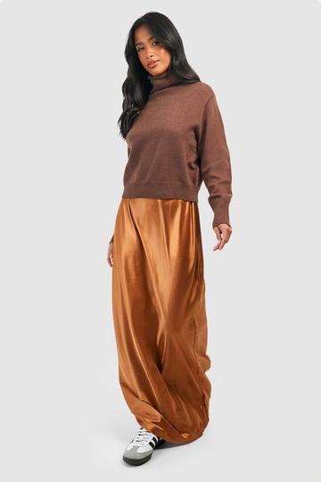 Petite Satin Mix Knitted Roll Neck Maxi Dress chocolate