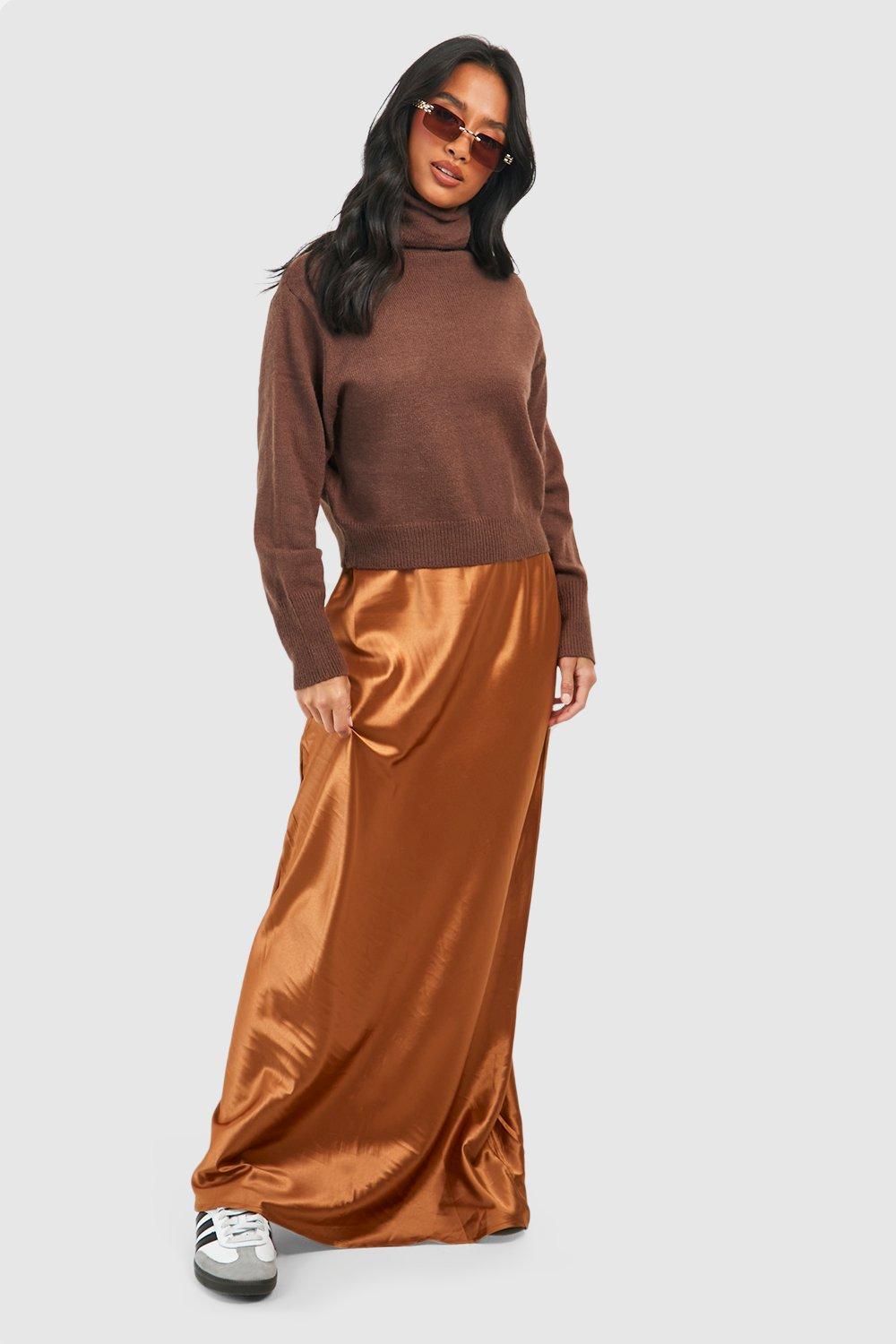 Petite Satin Mix Knitted Turtleneck Maxi Dress boohoo