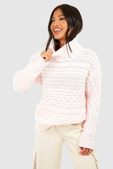 Pink Petite Cable Knit Turtleneck Sweater