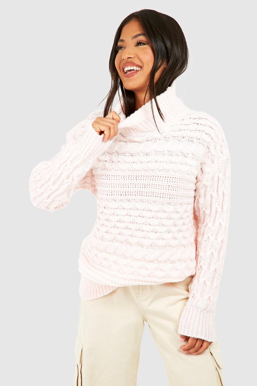 Maglione Petite in maglia intrecciata con collo alto, Baby pink