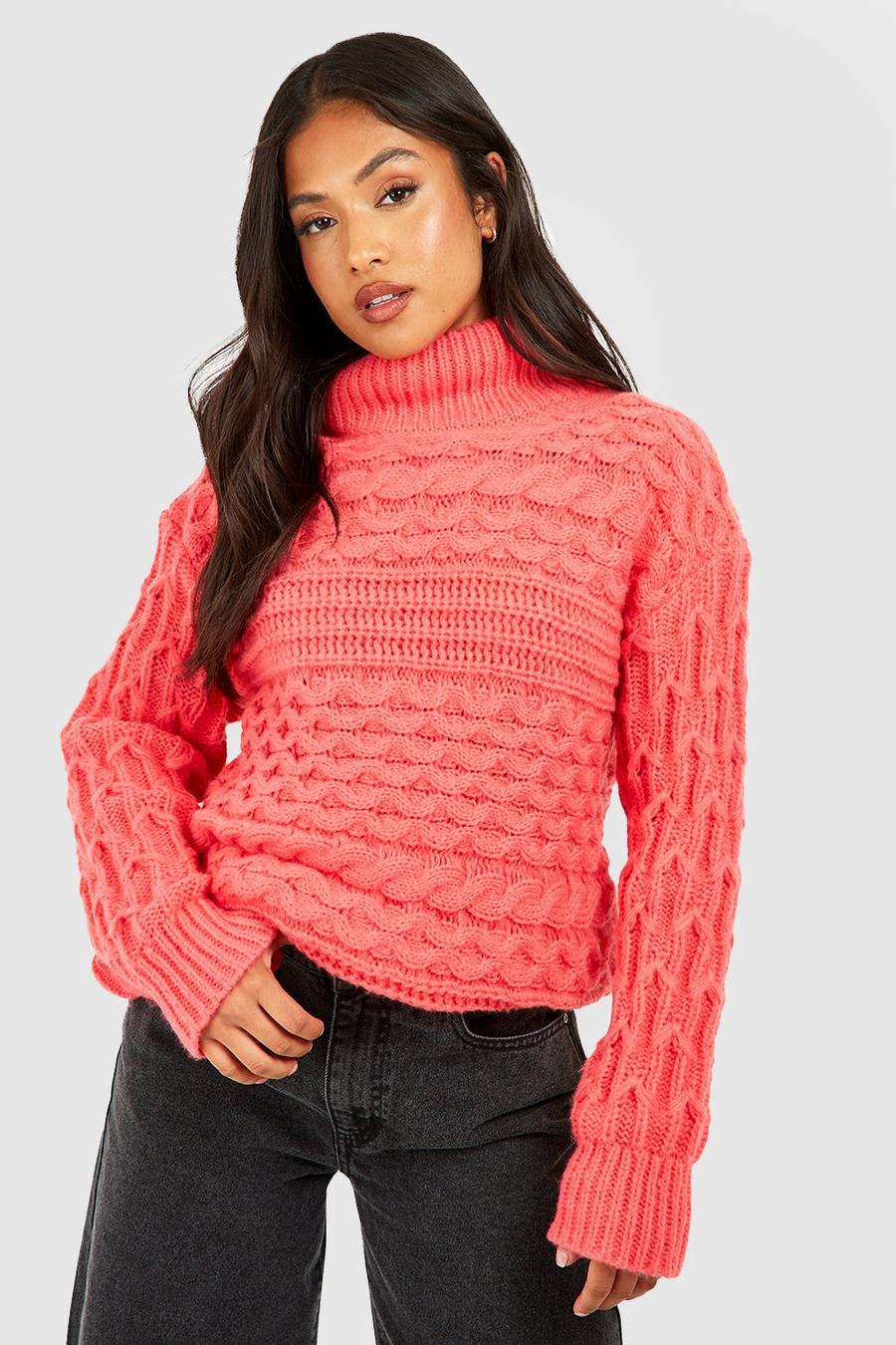 Pink Petite Cable Knit Roll Neck Jumper  