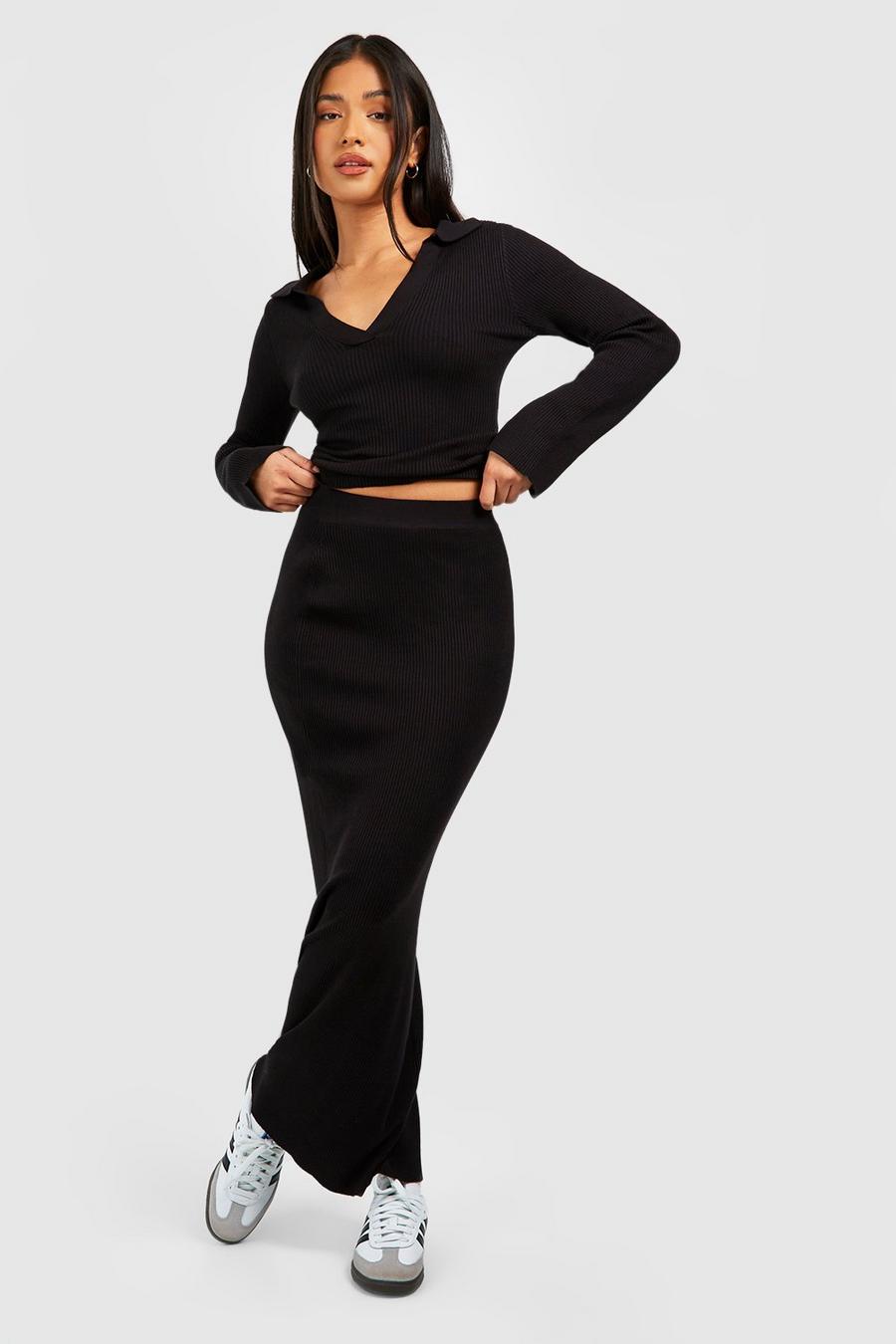 Black Petite Polo Collar Rib Knit Top And Maxi Skirt Set  image number 1