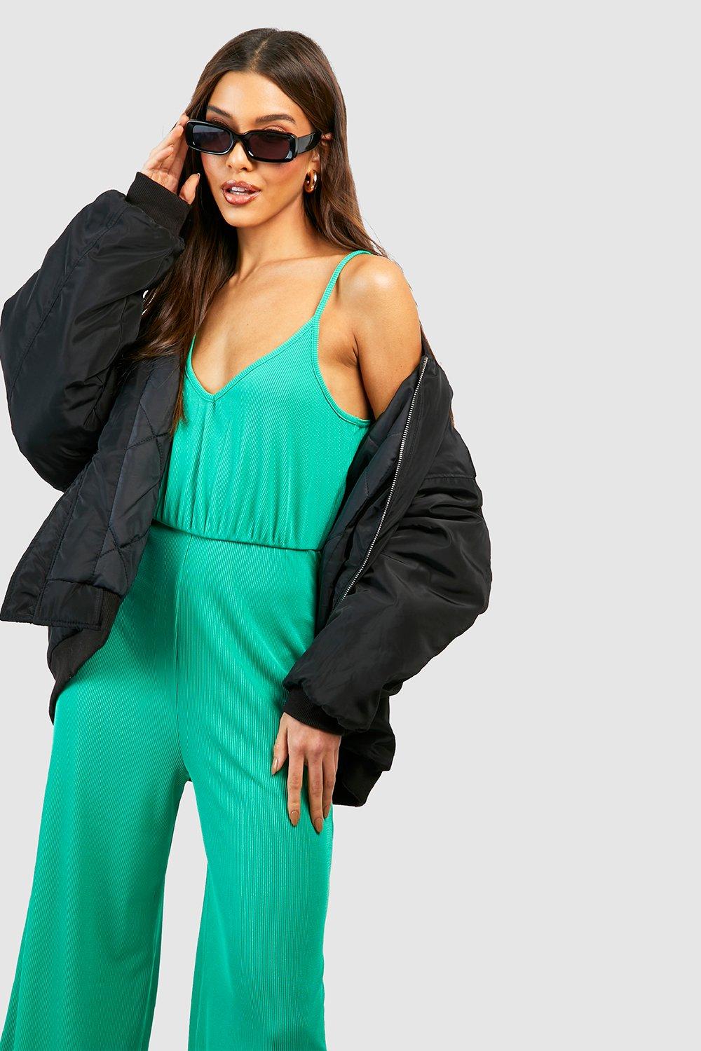 boohoo Ribbed Plunge Wide Leg Jumpsuit Green Size 10