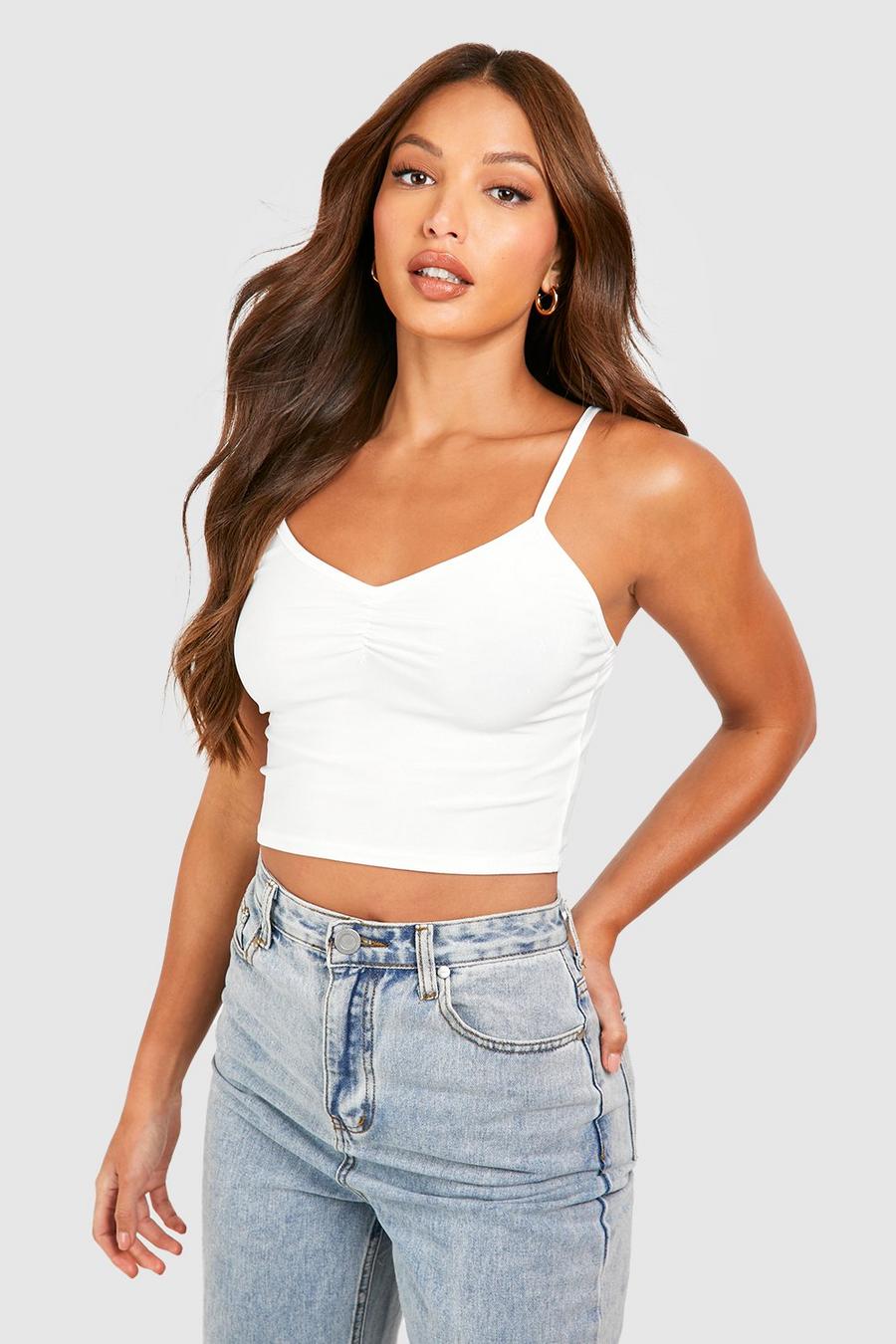 White Tall Gathered Strappy V Neck Premium Slinky Cropped Tank Top image number 1