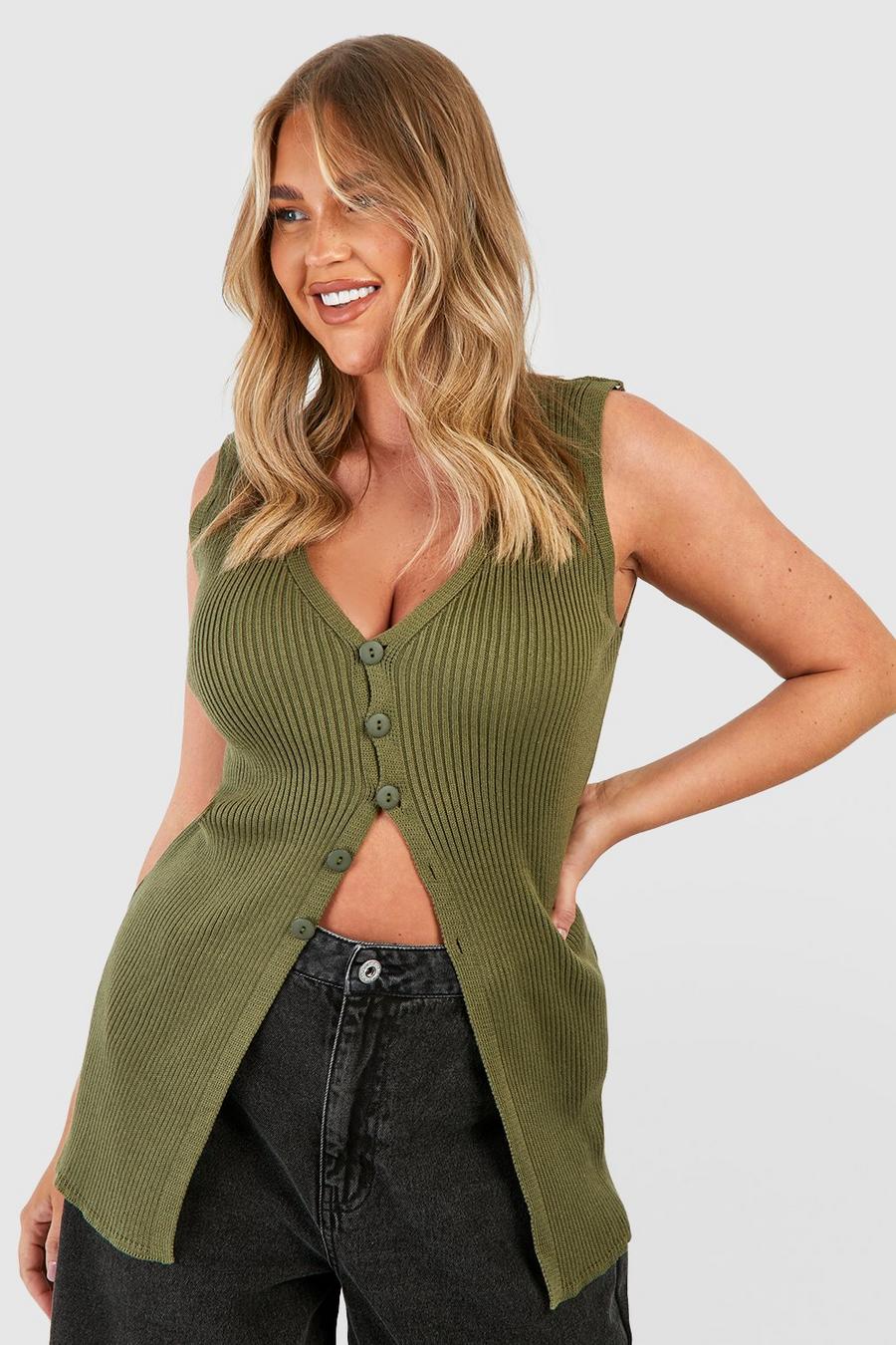 Top lungo Plus Size in maglia a coste, Khaki image number 1