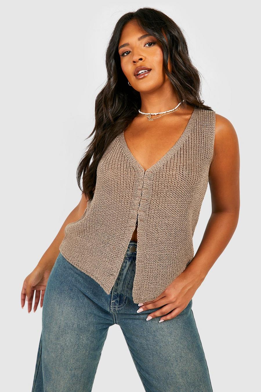 Taupe Plus Knitted Hook And Eye Vest