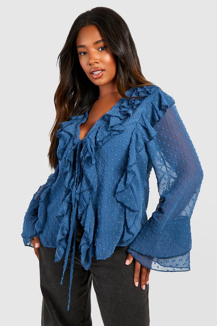 Blue Plus Dobby Ruffle Tie Front Top  image number 1