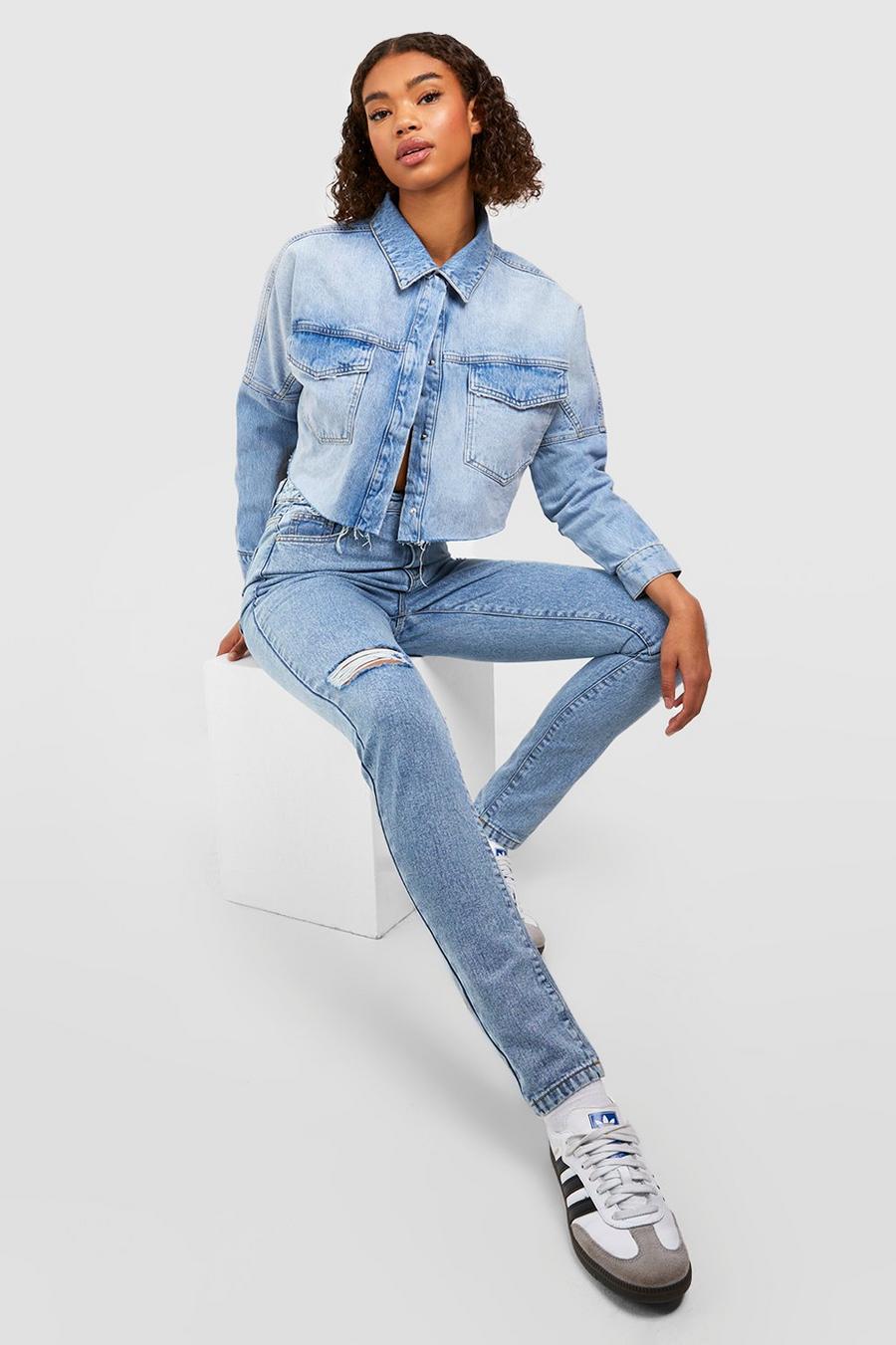 Light blue Tall Basic Slitna mom jeans med hög midja image number 1