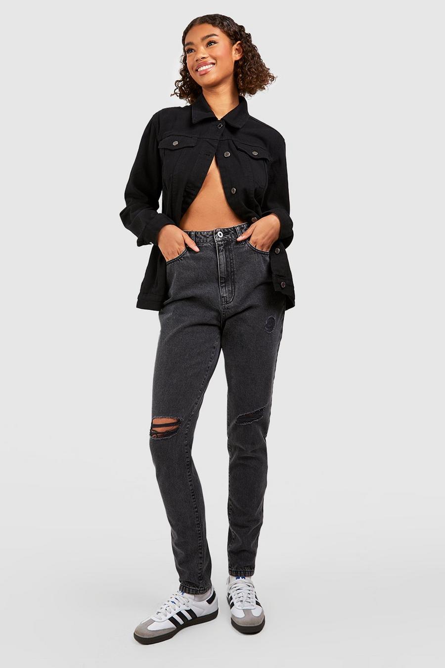 Tall zerrissene Basics Mom-Jeans mit hohem Bund, Washed black image number 1
