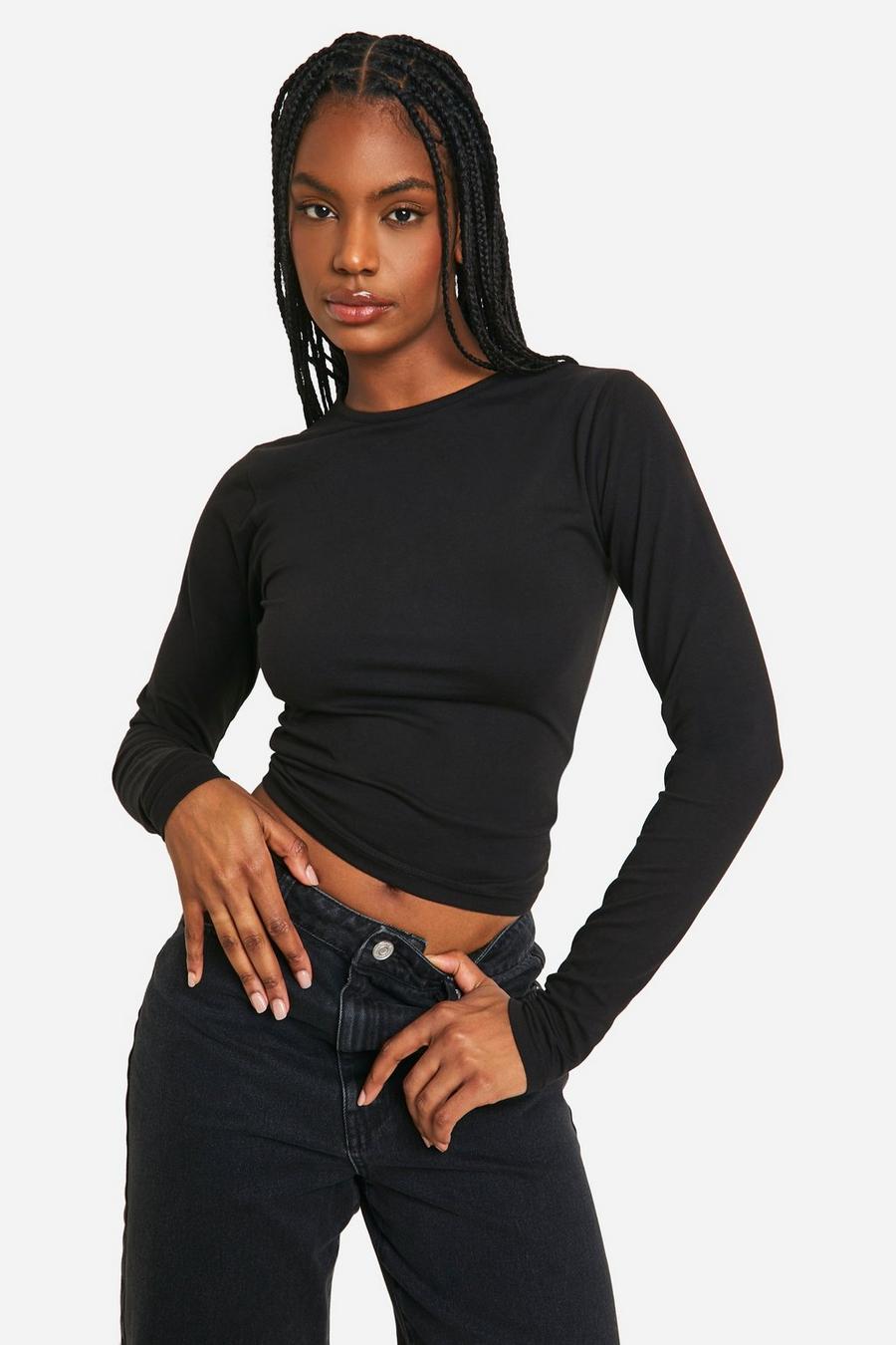 Black Tall Basic Cotton Long Sleeve Crew Neck Top image number 1