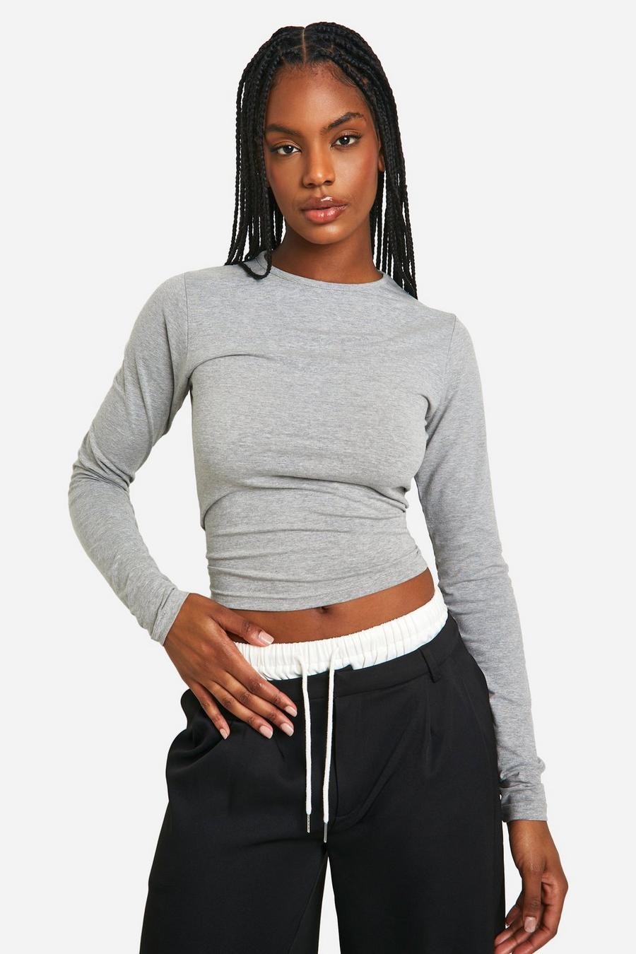 Grey marl Tall Basic Cotton Long Sleeve Crew Neck Top image number 1
