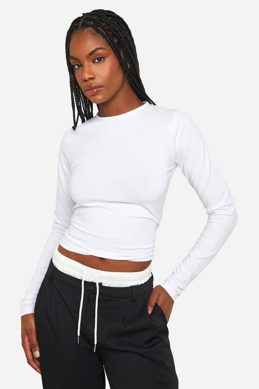 White Tall Basic Cotton Long Sleeve Crew Neck Top image number 1