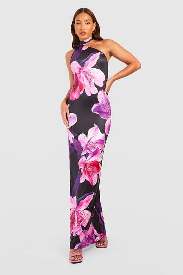 Tall Large Floral Print Drape Neck Maxi Dress purple