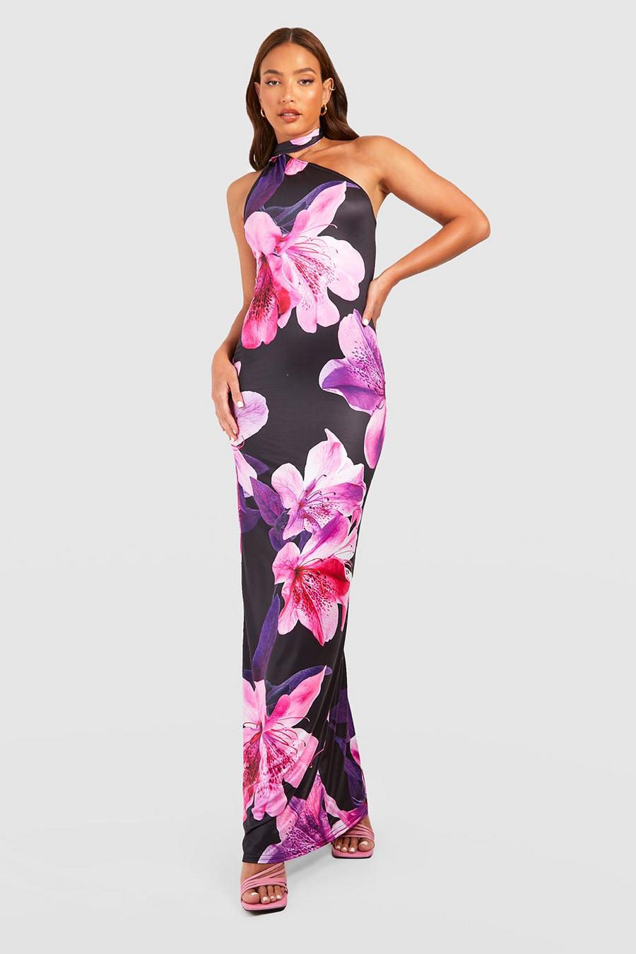 Purple Tall Large Floral Print Drape Neck Maxi Dress image number 1
