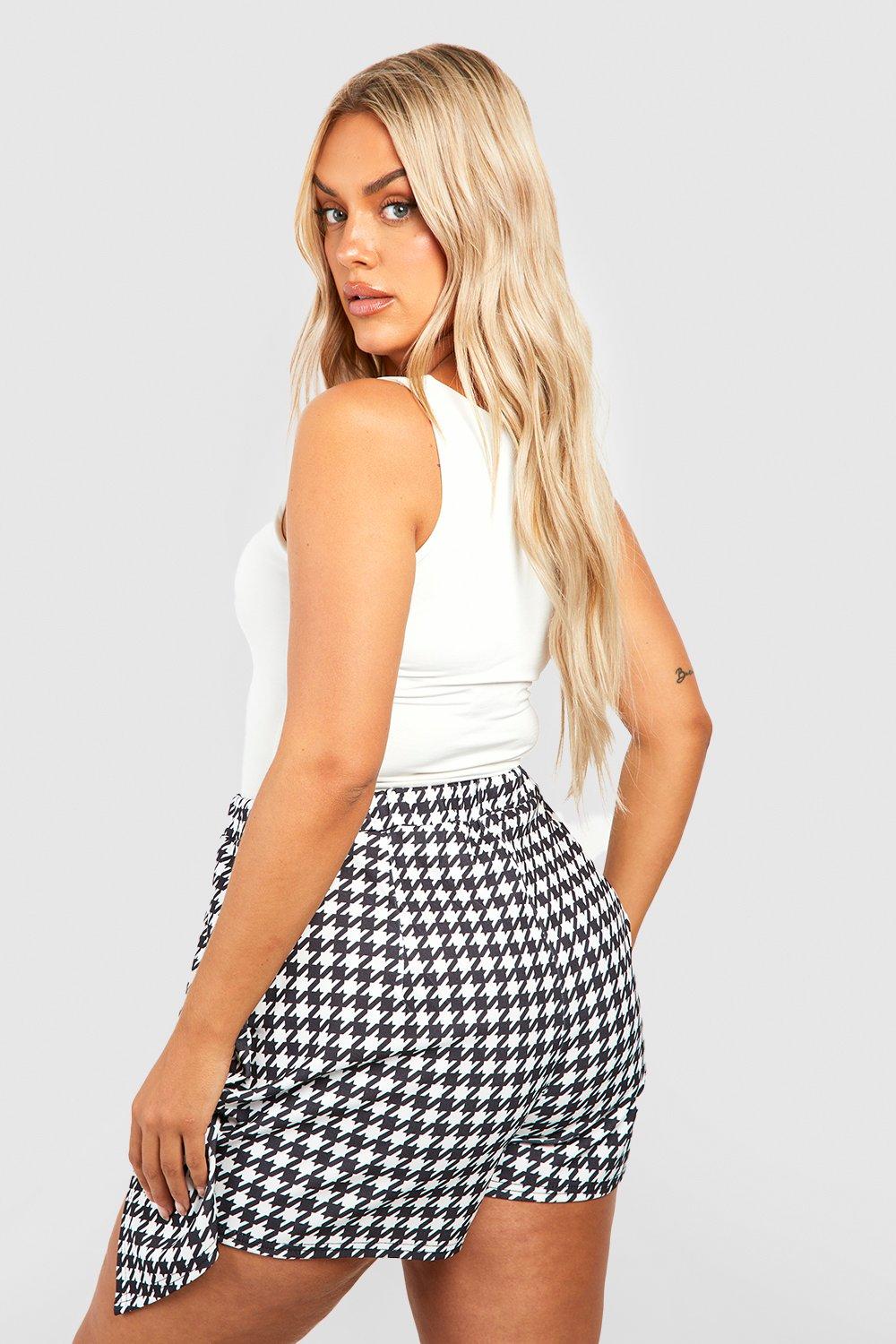 Black houndstooth print wrap mini skirt sale