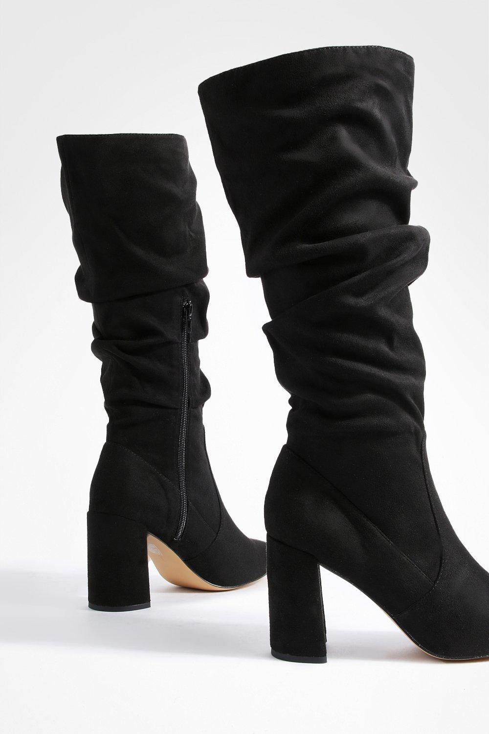 Faux Suede Slouchy Knee High Block Heel Boots boohoo IE