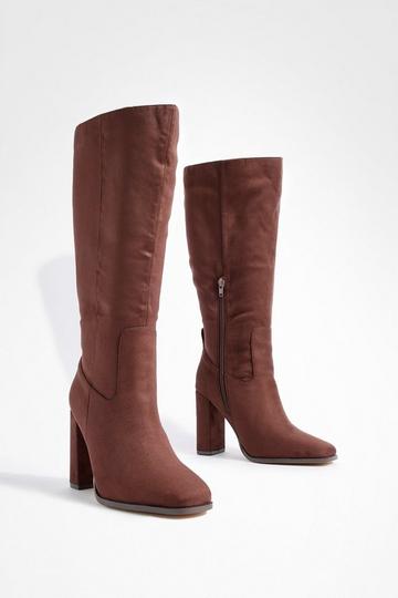 Wide Fit Faux Suede Block Heel Knee High Boots chocolate