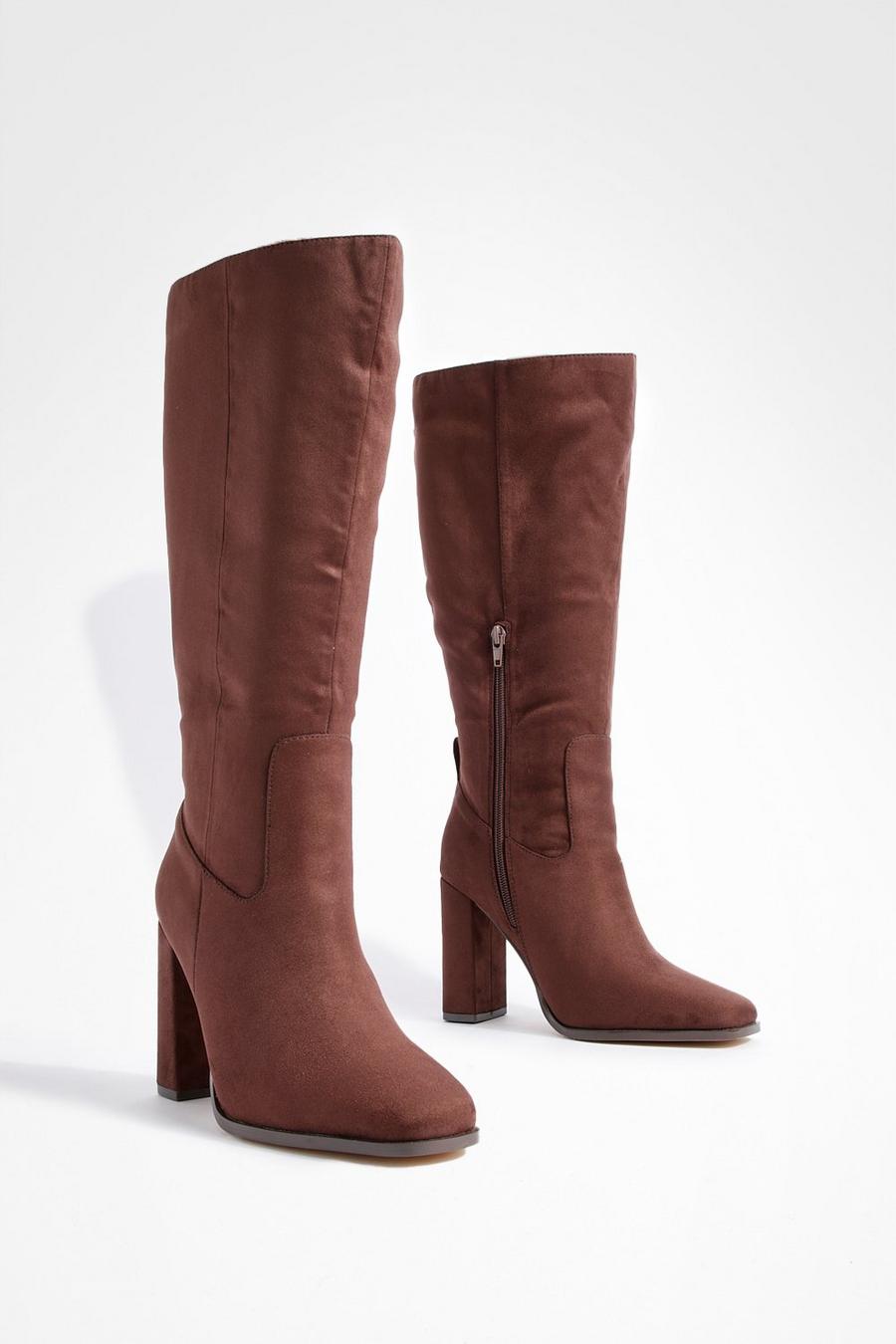 Chocolate Wide Fit Block Heel Knee High Boots  image number 1