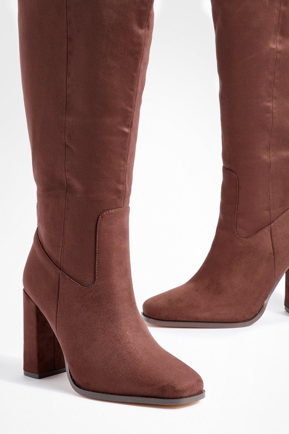 Wide Fit Faux Suede Block Heel Knee High Boots boohoo