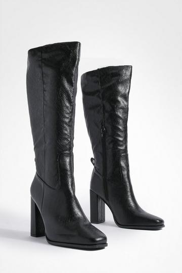 Wide Fit Block Heel High Shine Knee High Boots black