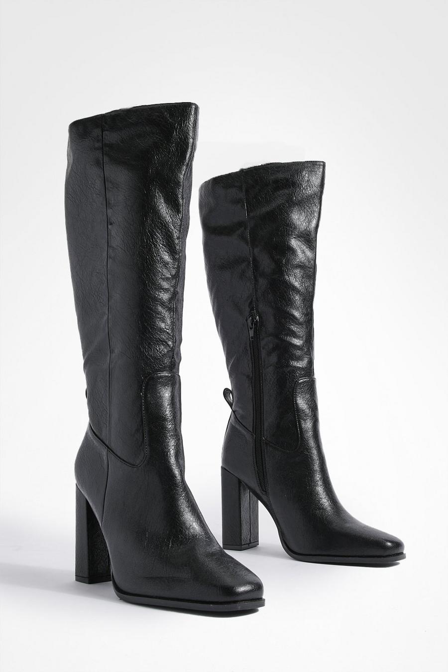 Breite Passform glänzende Overknee-Stiefel mit Blockabsatz, Black