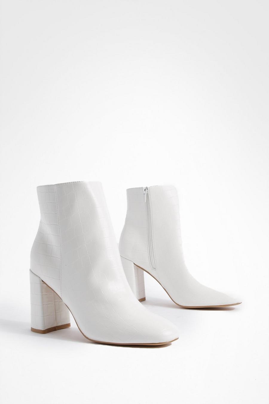 White Round Toe Block Heel Ankle Boots  image number 1