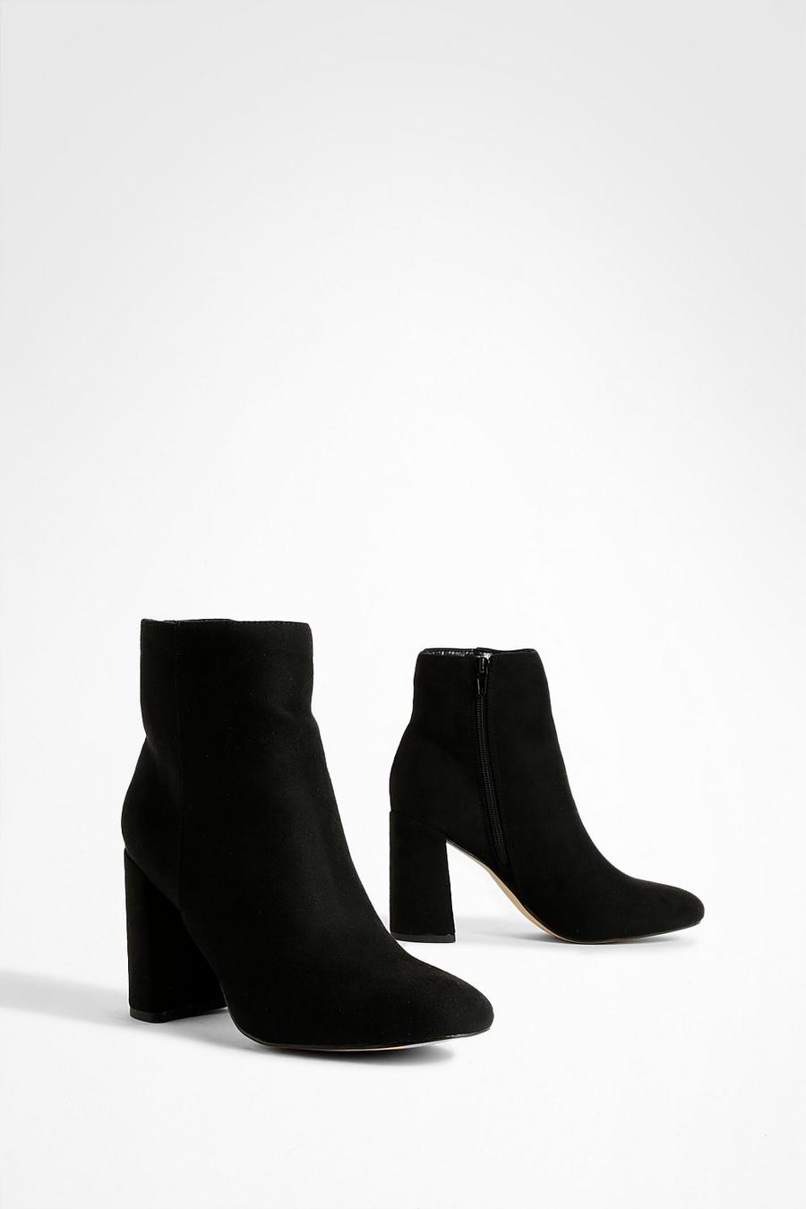Black Round Toe Block Heel Faux Suede Ankle Boots image number 1