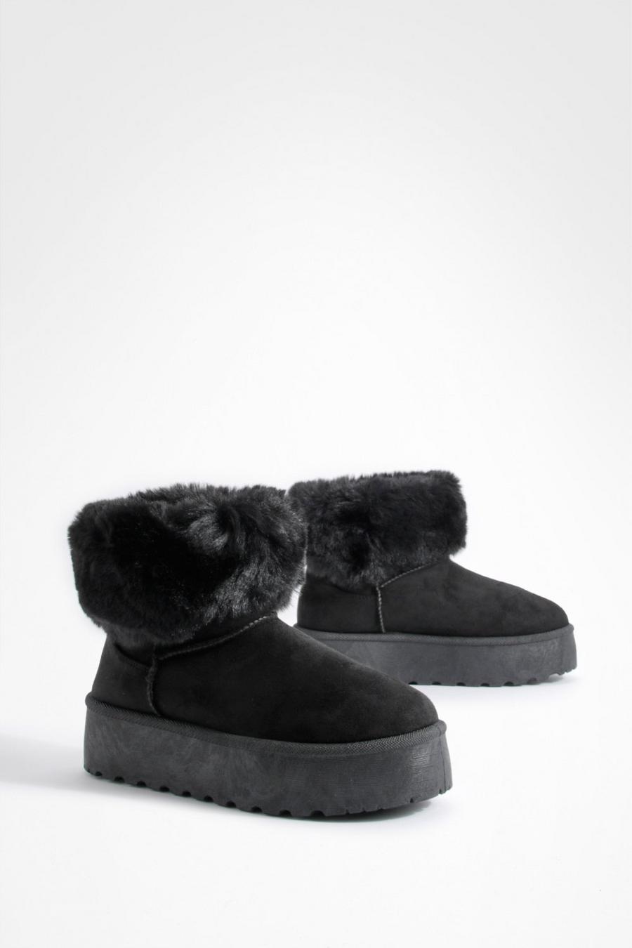 Black Wide Fit Platform Fur Trim Mini Cosy Boots  image number 1