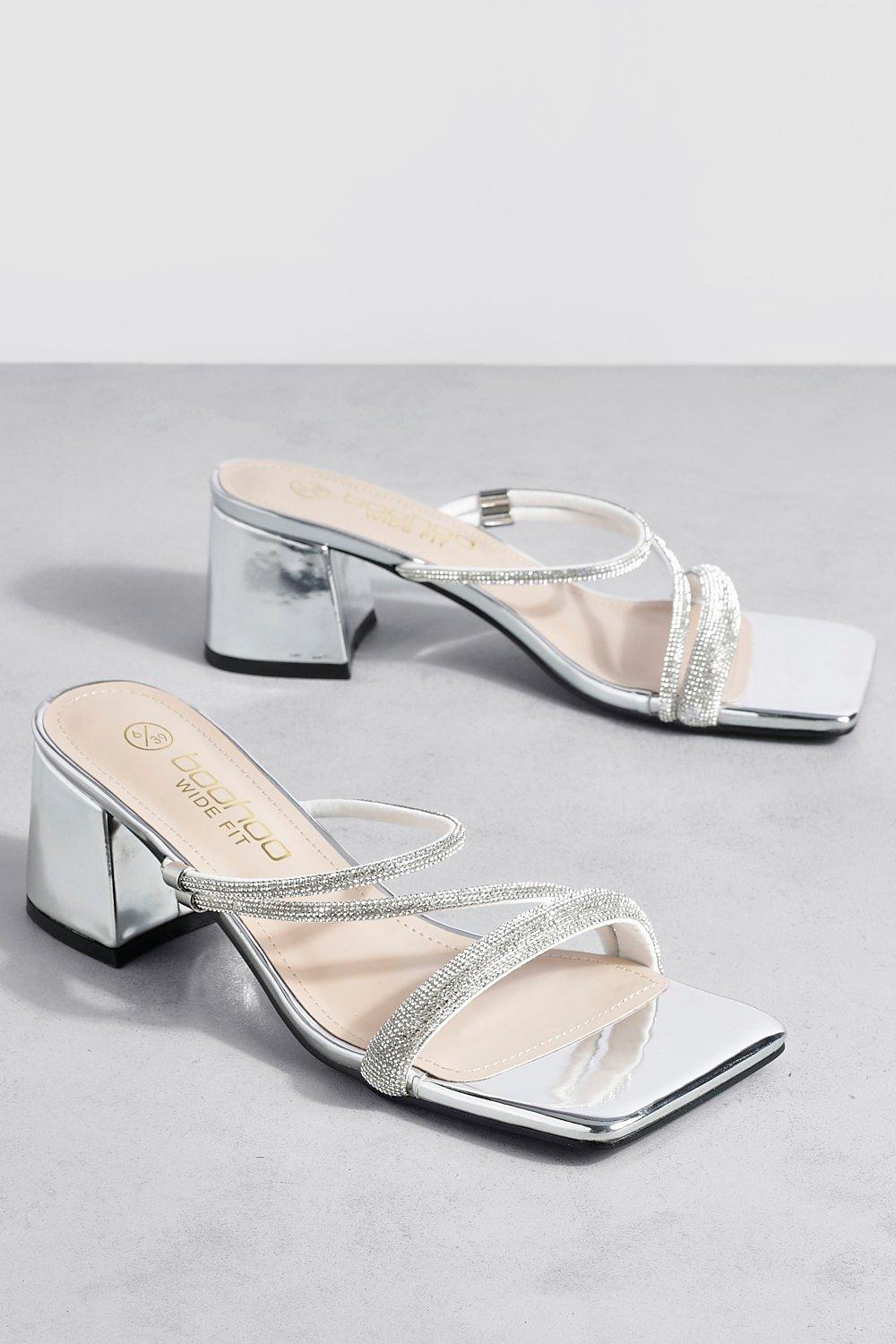 Wide Fit Metallic Embellished Straps Heeled Mules