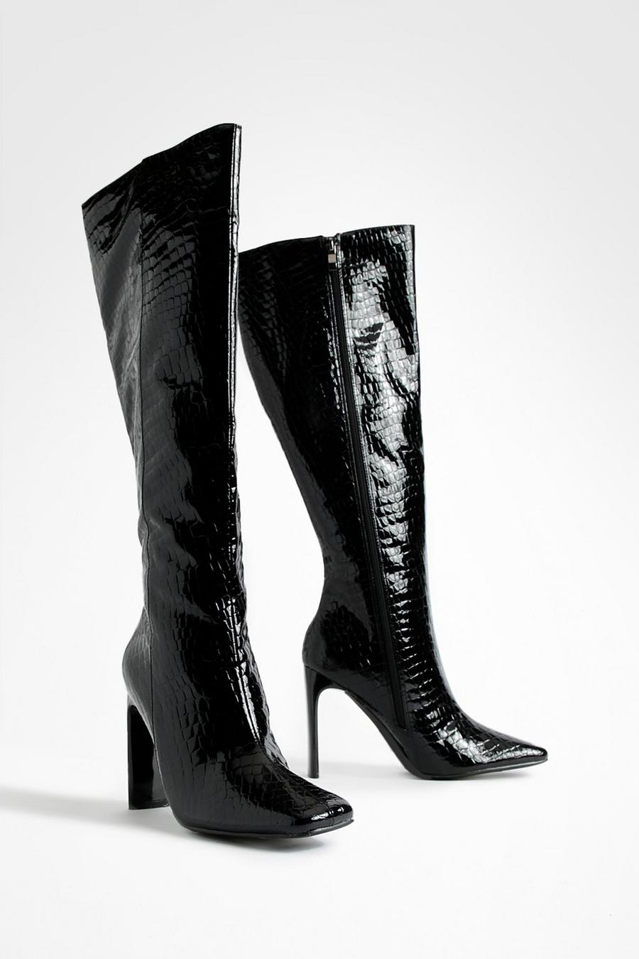 Black Flat Heel Metallic Croc Knee High Boots 