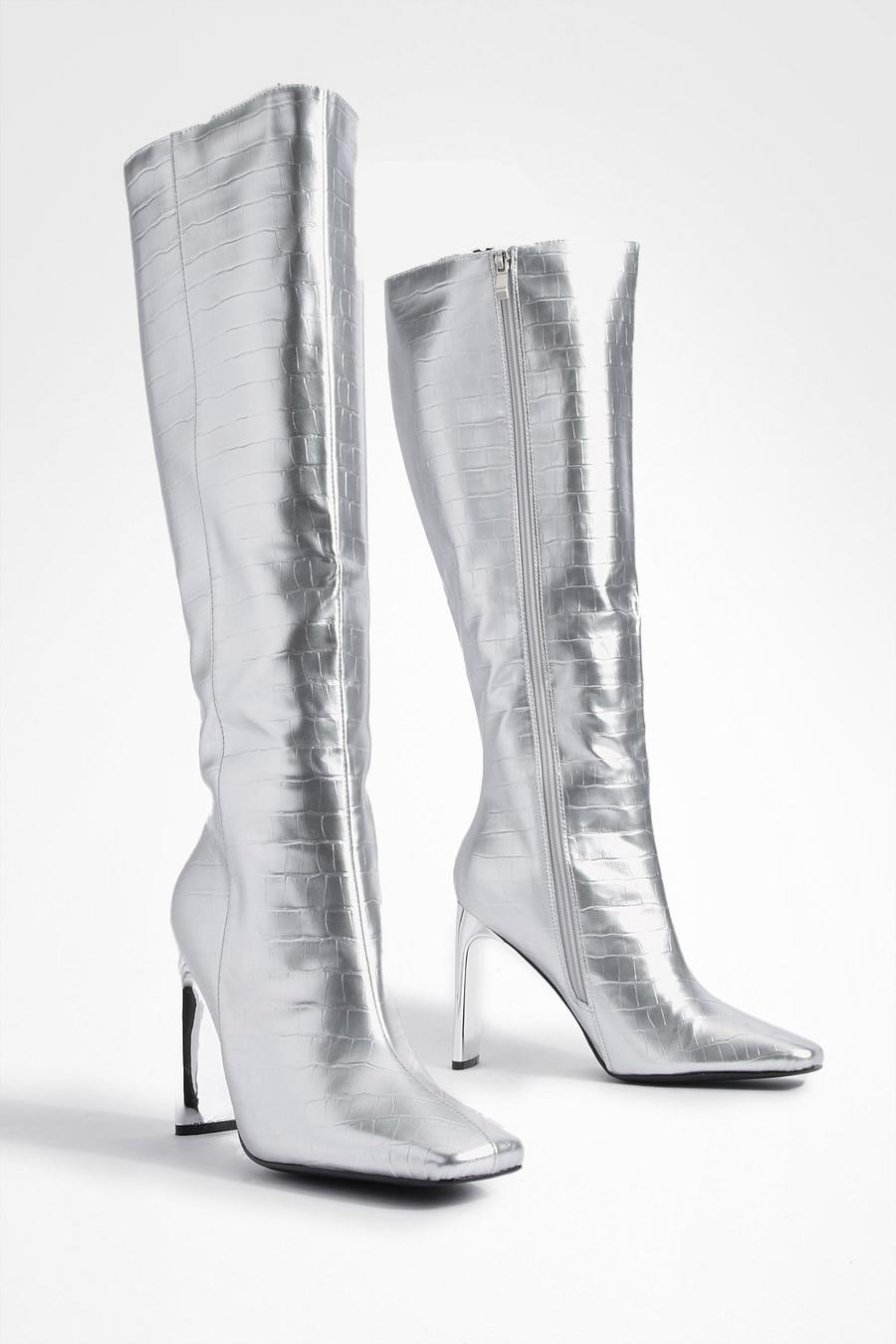 Silver Flat Heel Metallic Croc Knee High Boots image number 1