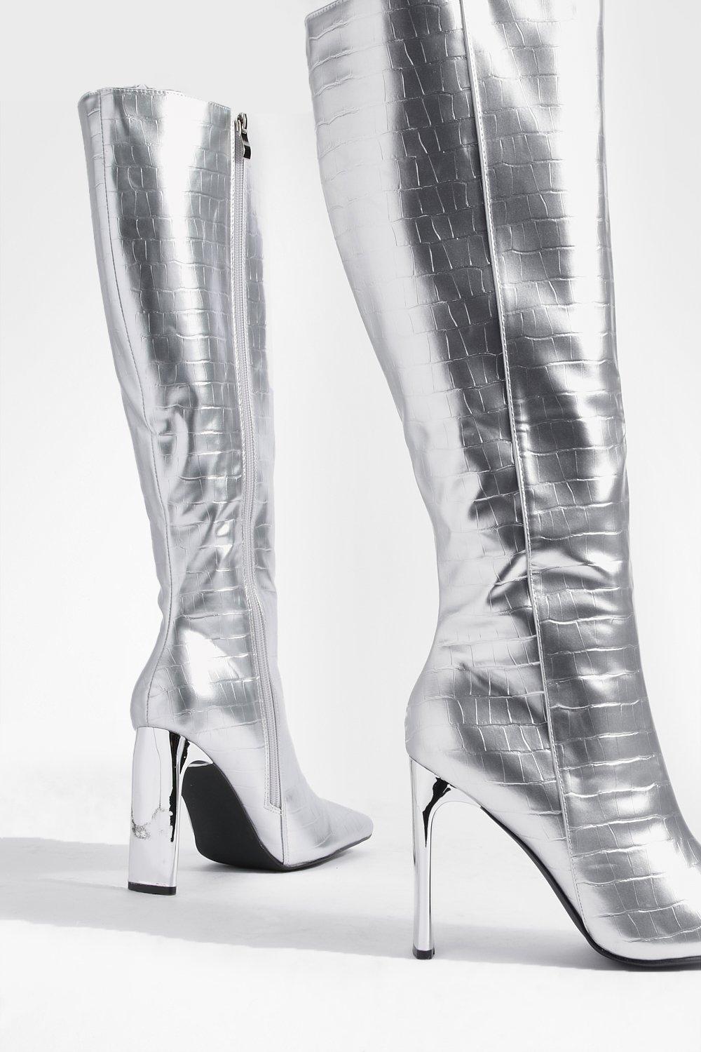 Flat Heel Metallic Croc Knee High Boots boohoo