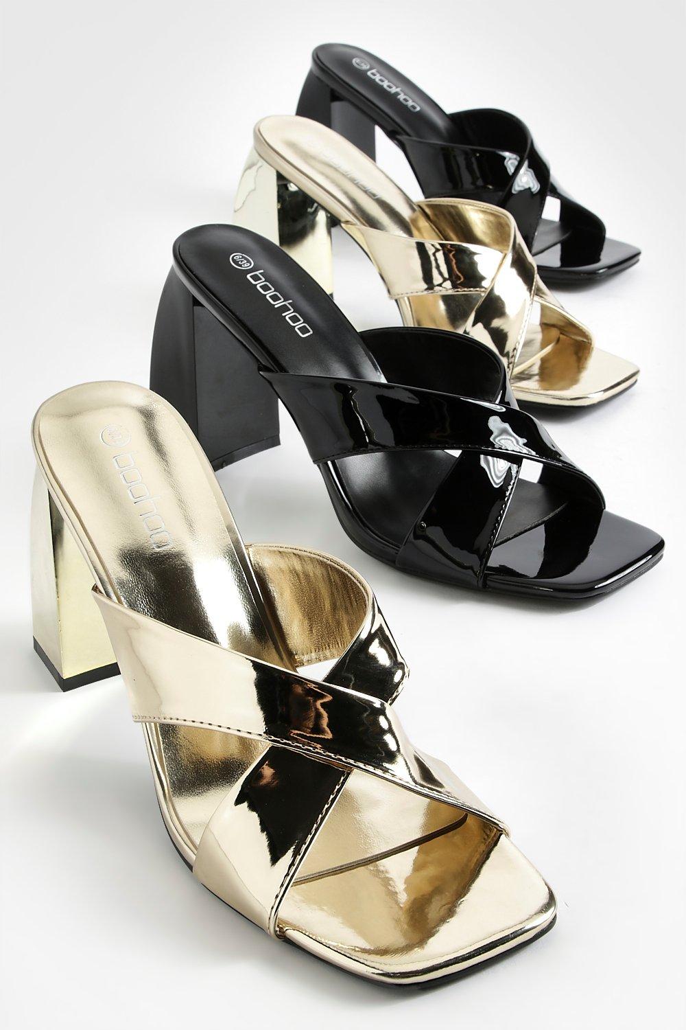 Metallic heeled outlet mules