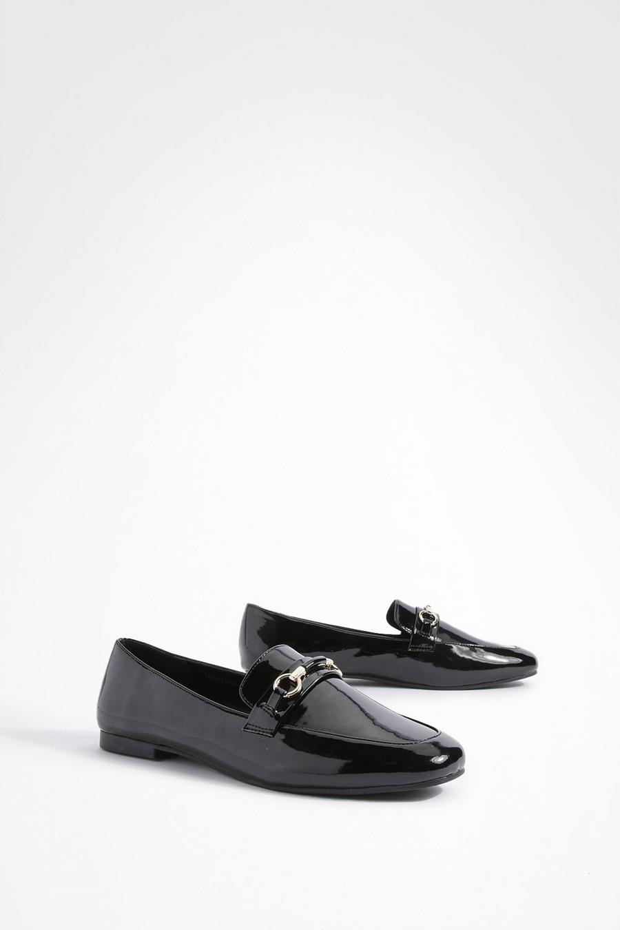Black Wide Fit Round Toe Single Bar Trim Loafers