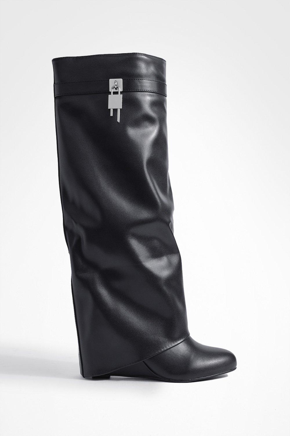 Sonny Black Fold Over Wedge Knee Boots