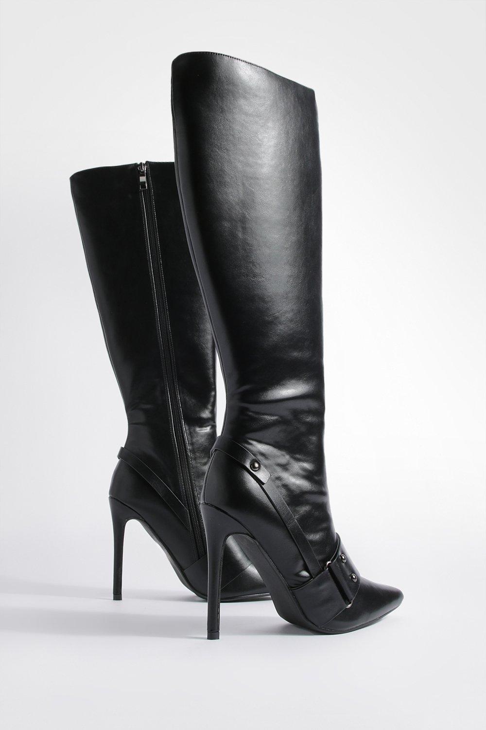 Buckle Detail Knee High Pointed Toe Biker Boots boohoo