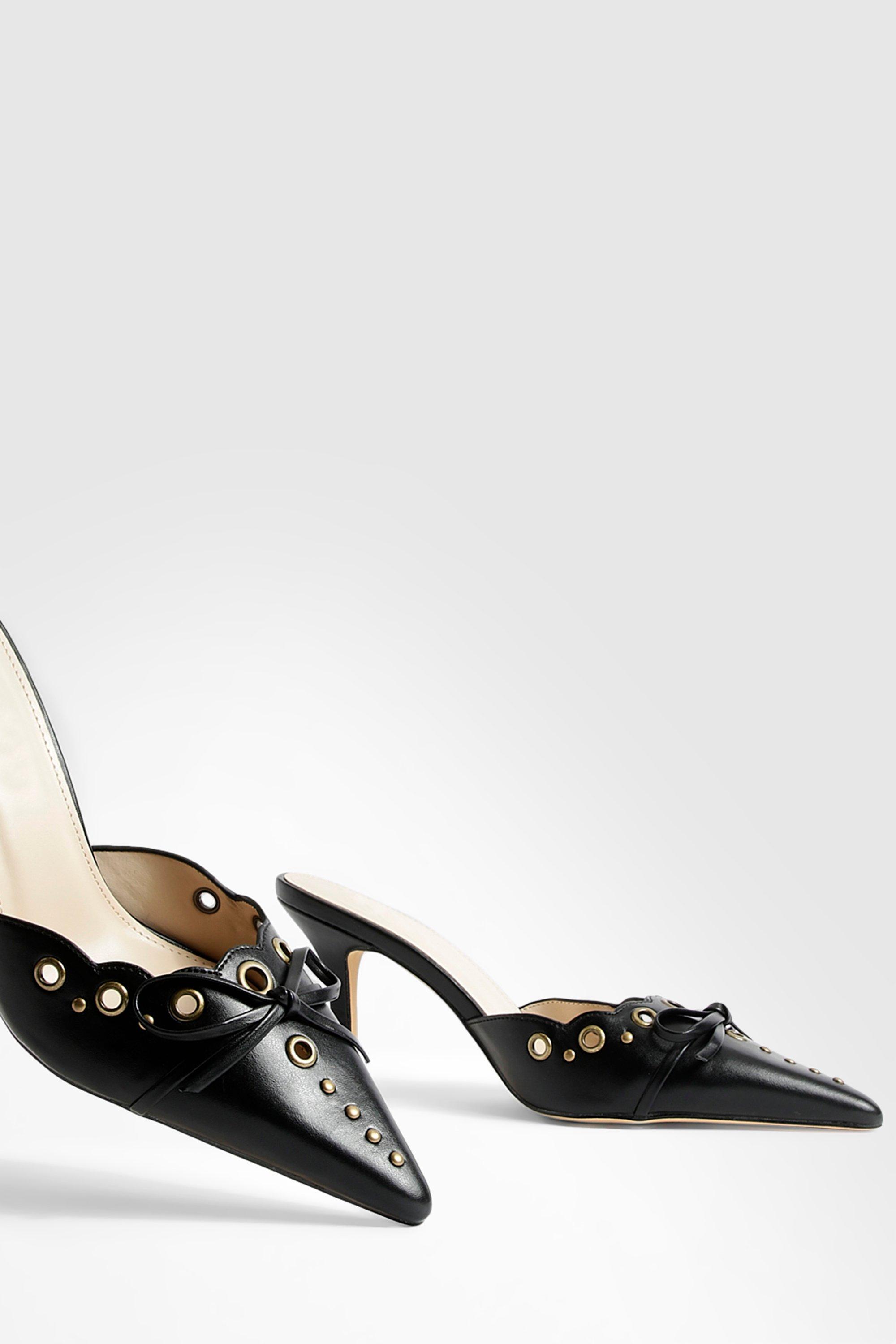 Bow Eyelet Detail Low Stiletto Heeled Court Mules boohoo NO