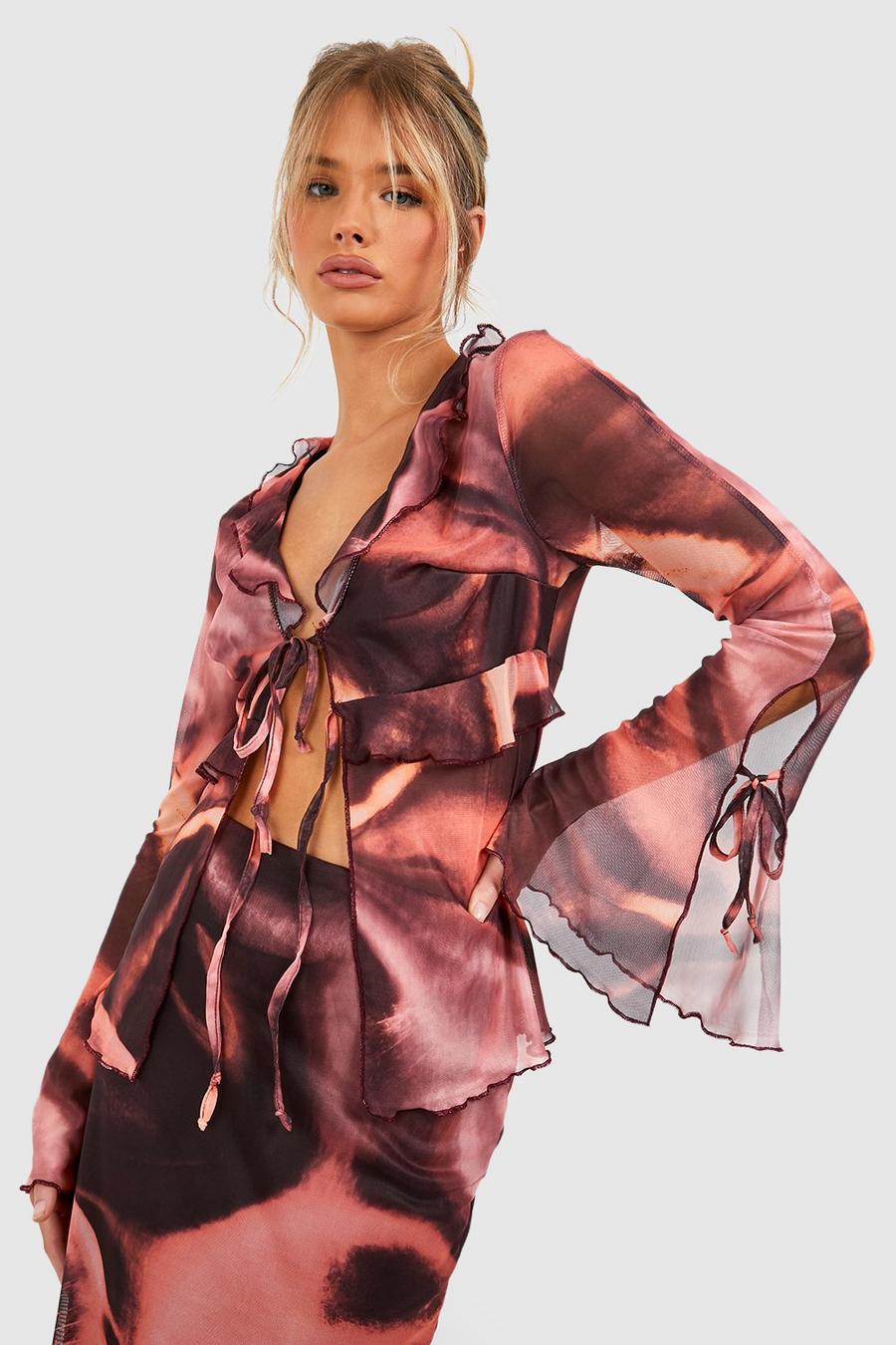 Plum Abstract Mesh Ruffle Flared Sleeve Blouse image number 1