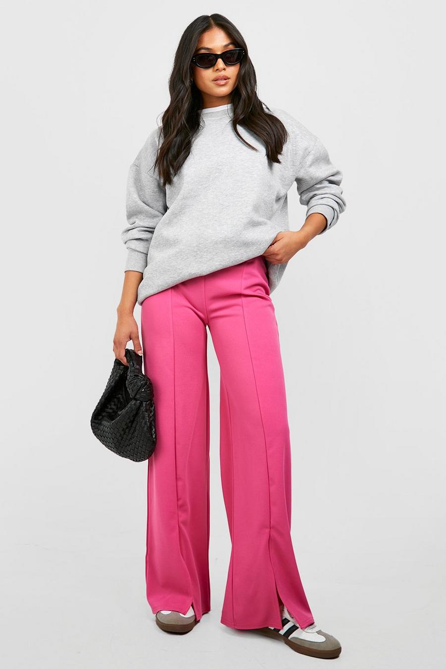 Pantalón Petite elástico con abertura frontal y detalle de costuras, Hot pink