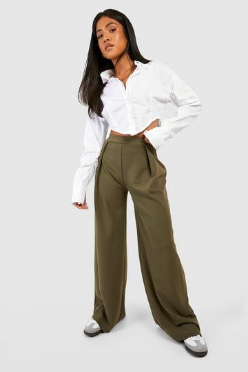 Olive Green Petite Pleat Front Stretch Wide Leg Pants