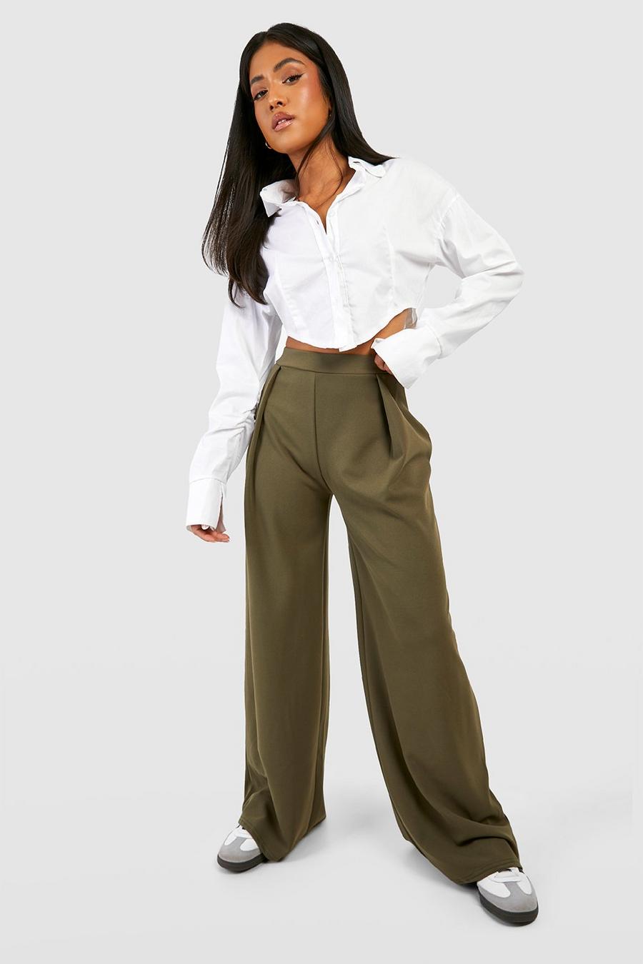 Olive green Petite Pleat Front Stretch Wide Leg Trouser