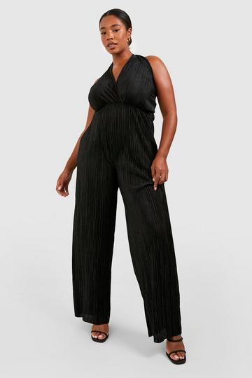 Plus Plisse Halter Wide Leg Jumpsuit black