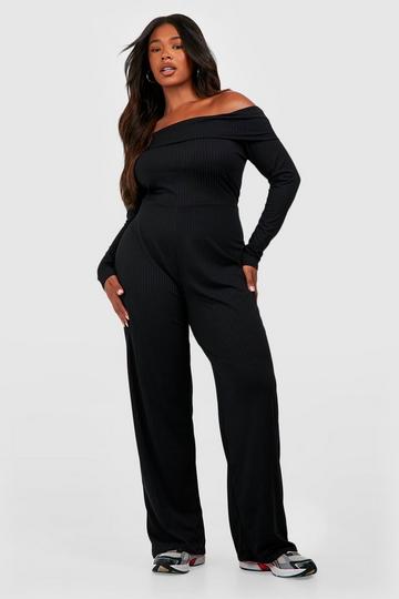 Plus Rib Off Shoulder Wide Leg Jumpsuit black