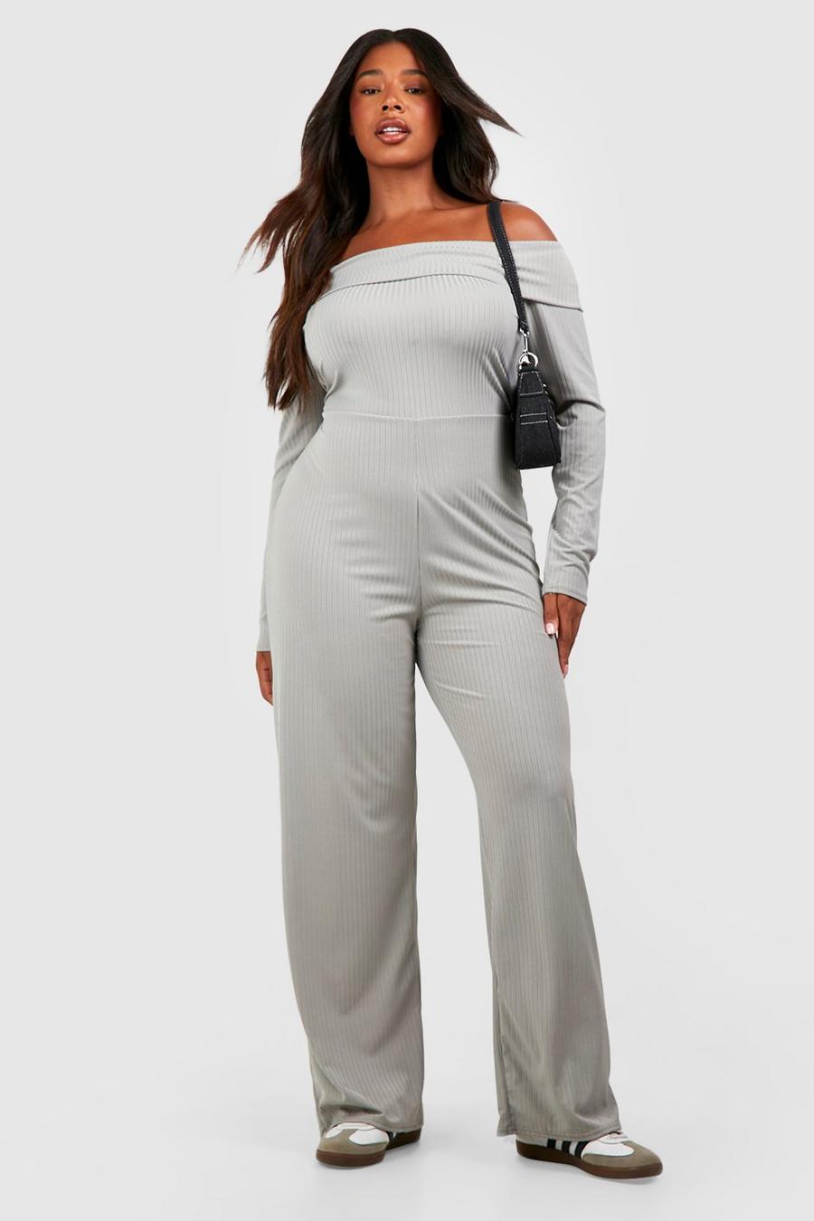 Grey Plus Rib Off Shoulder Wide Leg Jumpsuit 